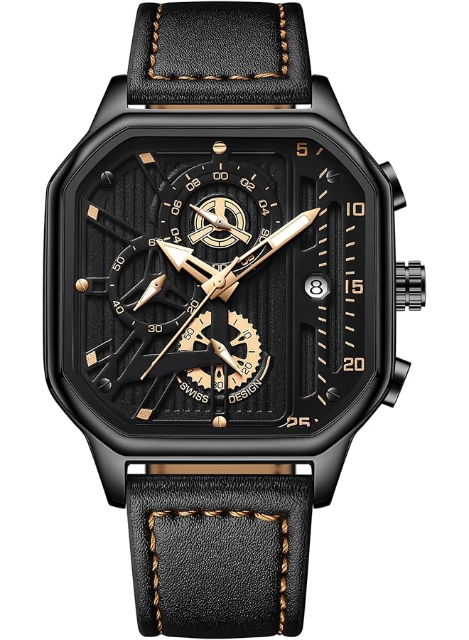 KASTWAVE Men Watch Waterproof Luxury Chronograph Fashion Business Wristwatch Quartz Analog Black Leather Strap Wrist Watch For Men Automatic Chronograph Wrist Watch With Calendar - Image 1
