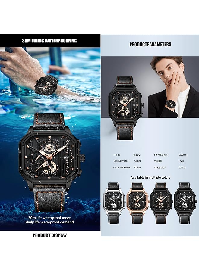 KASTWAVE Men Watch Waterproof Luxury Chronograph Fashion Business Wristwatch Quartz Analog Black Leather Strap Wrist Watch For Men Automatic Chronograph Wrist Watch With Calendar - Image 3