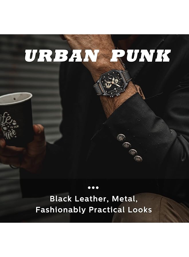 KASTWAVE Men Watch Waterproof Luxury Chronograph Fashion Business Wristwatch Quartz Analog Black Leather Strap Wrist Watch For Men Automatic Chronograph Wrist Watch With Calendar - Image 2