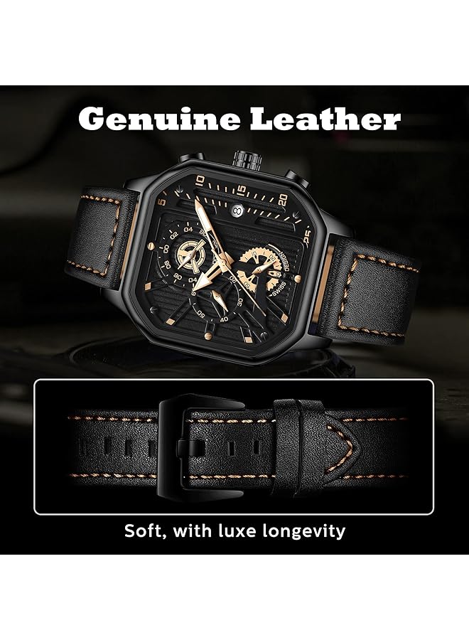 KASTWAVE Men Watch Waterproof Luxury Chronograph Fashion Business Wristwatch Quartz Analog Black Leather Strap Wrist Watch For Men Automatic Chronograph Wrist Watch With Calendar - Image 4