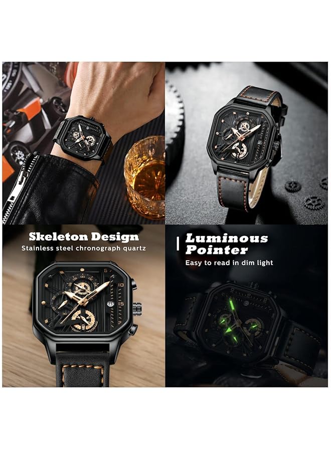 KASTWAVE Men Watch Waterproof Luxury Chronograph Fashion Business Wristwatch Quartz Analog Black Leather Strap Wrist Watch For Men Automatic Chronograph Wrist Watch With Calendar - Image 5