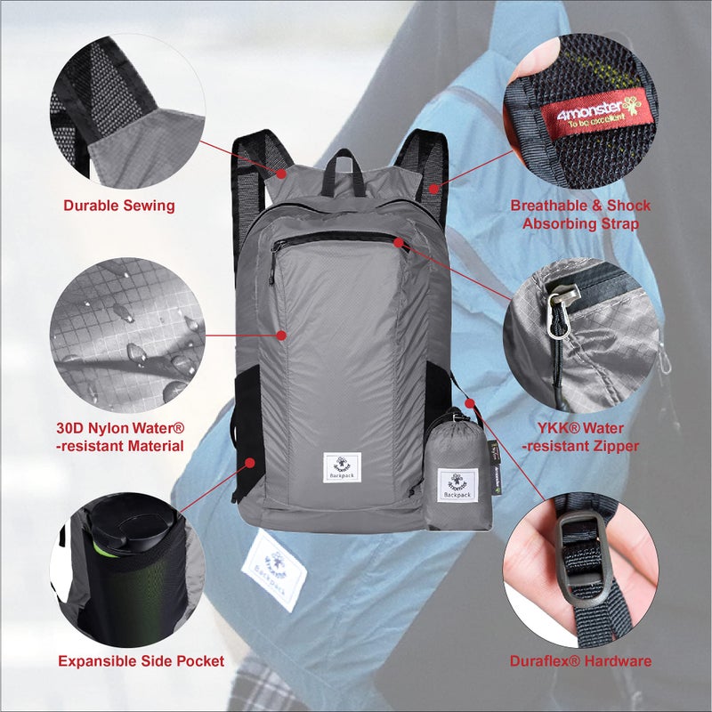 4Monster Hiking Daypack,Water Resistant Lightweight Packable Backpack For Travel Camping Outdoor (Silver, 24L) - Image 2