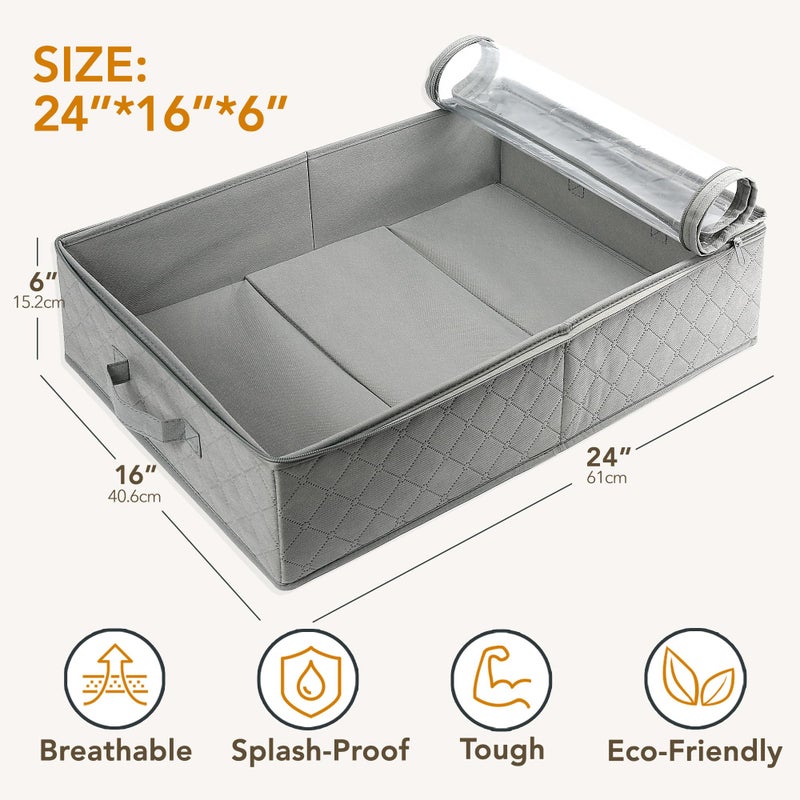 LotFancy Foldable Under Bed Storage Bags, Closet Organizers and storage bins, Clothes Blankets Organizer, with Clear Window and Reinforced Handles, 24â€ x 16â€ x 6", Gray, Pack of 2 - Image 2