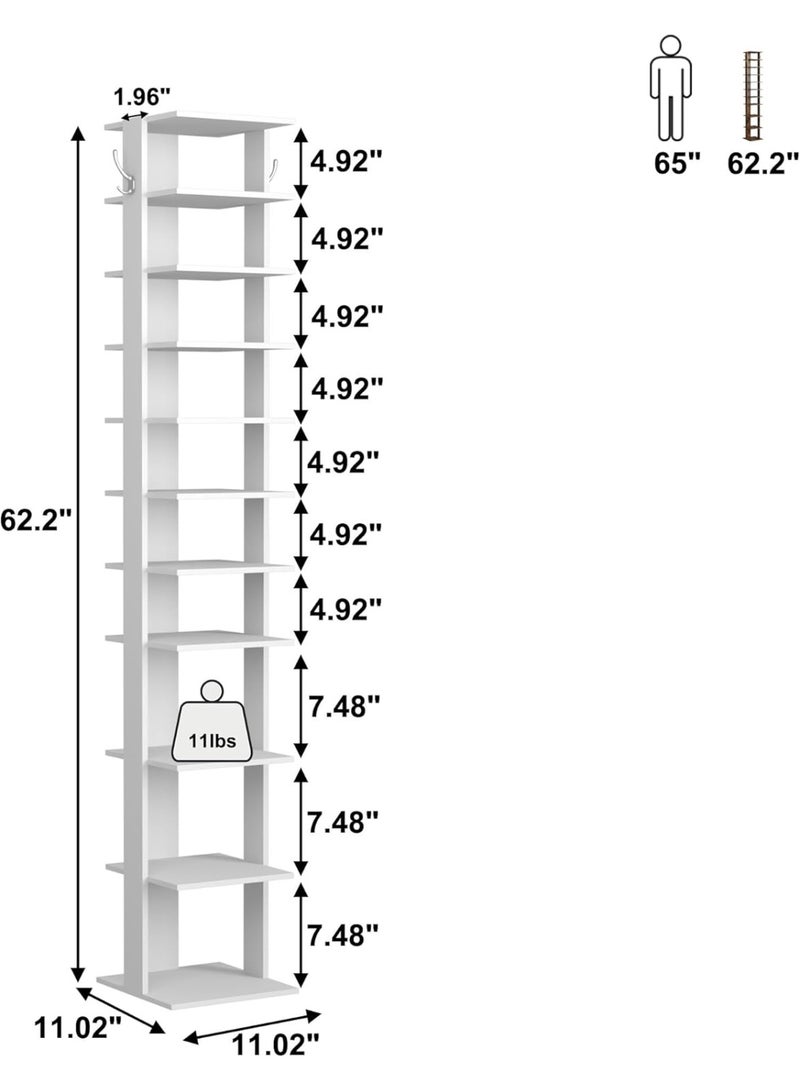 HOMEFORT 10-Tier Vertical Wooden Shoe Rack (White)  - Image 3