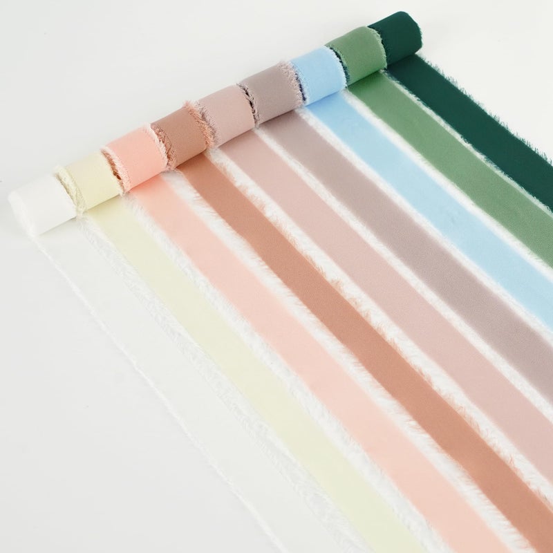 MEEDEE Chiffon 1 Inch Frayed Ribbon Chiffon Silk Ribbons Assorted Frayed Edge Mixed Color Ribbon Set Thin Chiffon Ribbons for Crafts, Gift Wrapping, Wedding Invitation (9 Rolls 27 Yards) - Image 1