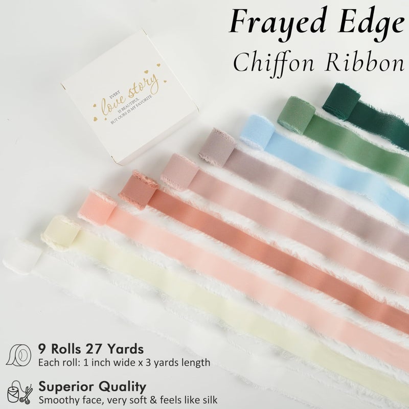 MEEDEE Chiffon 1 Inch Frayed Ribbon Chiffon Silk Ribbons Assorted Frayed Edge Mixed Color Ribbon Set Thin Chiffon Ribbons for Crafts, Gift Wrapping, Wedding Invitation (9 Rolls 27 Yards) - Image 2