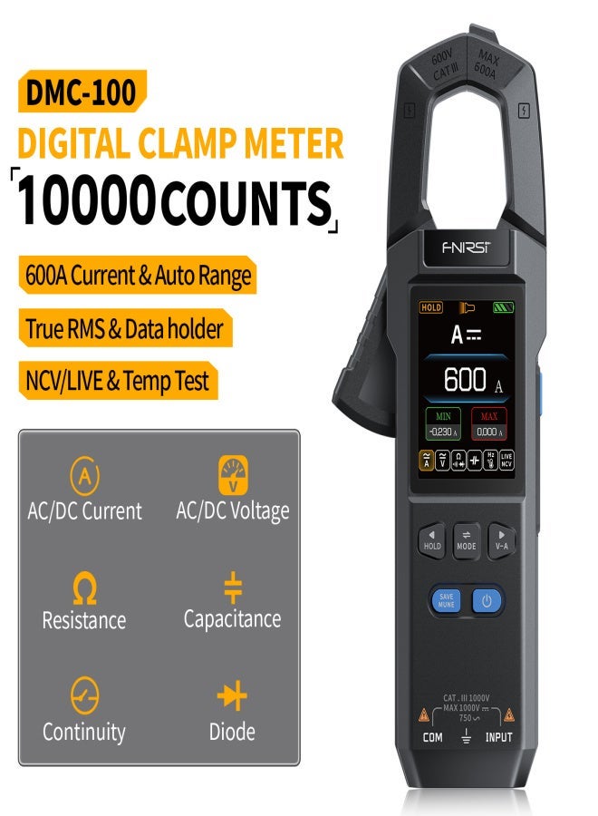 مقياس تيار متردد/مستمر FNIRSI DMC-100 10000 عدادات، ملتي متر رقمي 600A أمبير NCV أدوات كهربائية - Image 4