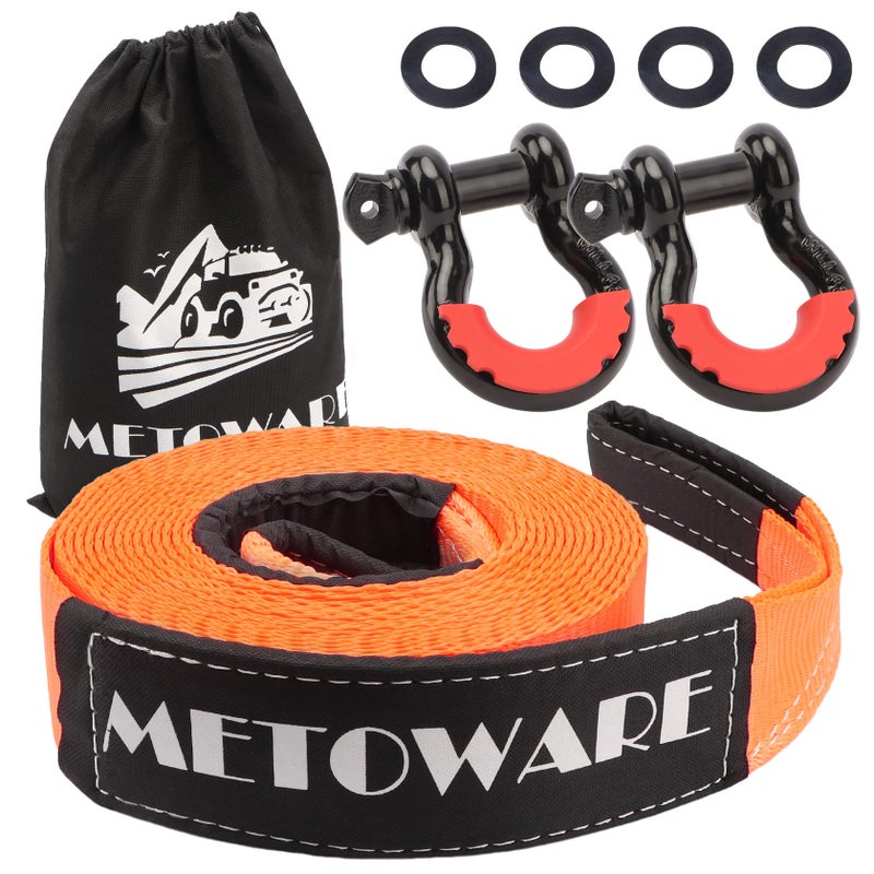 مجموعة حزام السحب METOWARE الثقيلة 3 × 30 قدم 35000 رطل حزام إنقاذ الأشجار 34 حلقة D مشابك 2 قطعة حقيبة تخزين شاحنة SUV ATV مجموعة حزام السحب على الطرق الوعرة