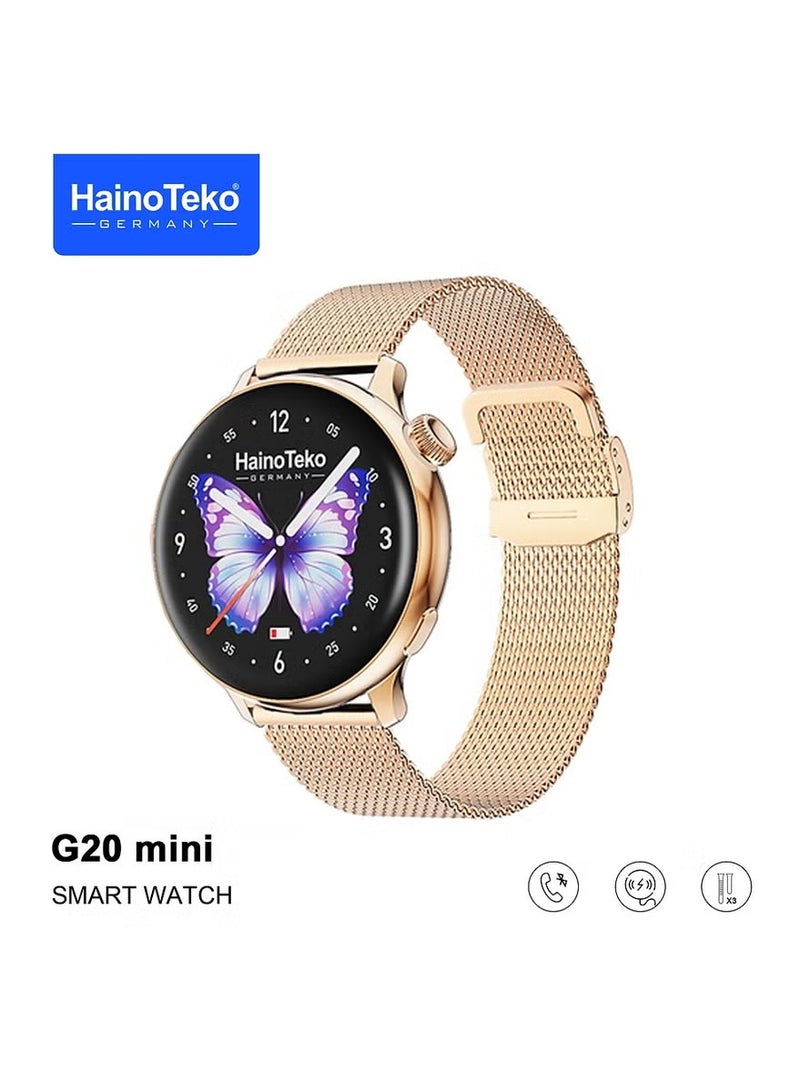HainoTeko G20 Mini Smart Watch for Women with BT Call Function, Vibrant AMOLED Full Touch Display, Long Battery Life, Fitness & Health Monitoring, Sleep Tracking, Smart Message Notifications, Lightweight Stylish Design with 3 Interchangeable Straps, Ideal for Daily Wear, Sports, Office & Travel Use (Gold) - Image 2
