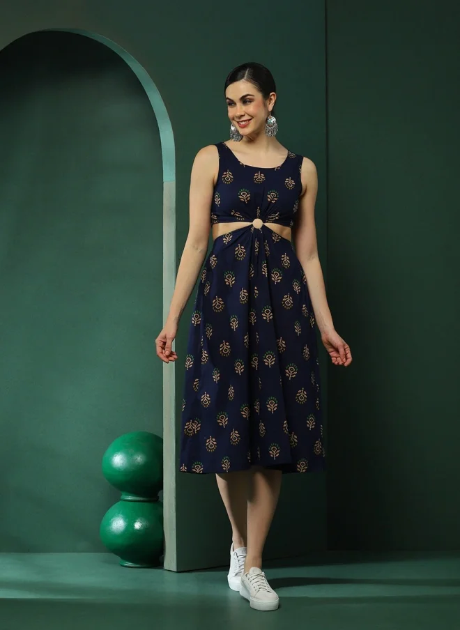 AKS Navy Blue Floral Print A-Line Midi Dress for Women