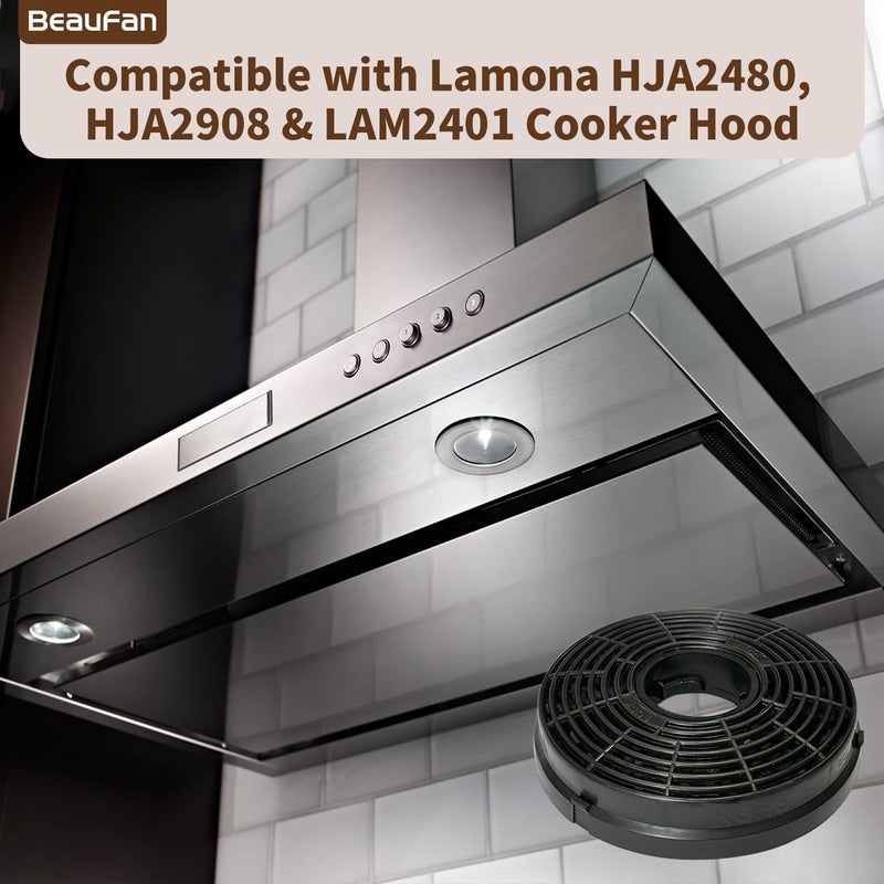 عبوة تحتوي على 4 فلاتر من الفحم الكربوني، متوافقة مع مروحات مجمعات الدخان للمواقد Lamona HJA2480، HJA2908، وLAM2401، وهي فلاتر استبدال للتدوير المتكرر للهواء. - Image 2