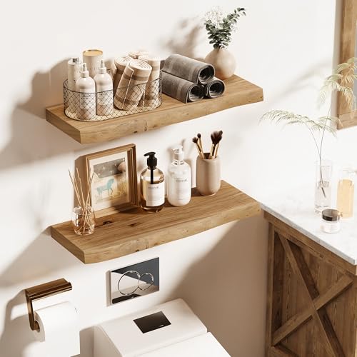 Vivelove Live Edge Floating Shelves 24 inch, Elm Wood Shelf, Rustic Farmhouse Wall Shelf with Invisible Bracket for Living Room Bedroom Bathroom Office Book, 24x8 - Set of 2 - Natural - Image 4