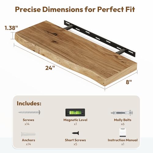 Vivelove Live Edge Floating Shelves 24 inch, Elm Wood Shelf, Rustic Farmhouse Wall Shelf with Invisible Bracket for Living Room Bedroom Bathroom Office Book, 24x8 - Set of 2 - Natural - Image 2
