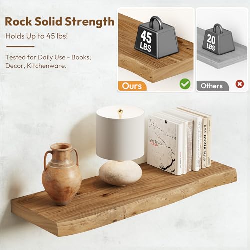 Vivelove Live Edge Floating Shelves 24 inch, Elm Wood Shelf, Rustic Farmhouse Wall Shelf with Invisible Bracket for Living Room Bedroom Bathroom Office Book, 24x8 - Set of 2 - Natural - Image 5