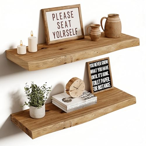 Vivelove Live Edge Floating Shelves 24 inch, Elm Wood Shelf, Rustic Farmhouse Wall Shelf with Invisible Bracket for Living Room Bedroom Bathroom Office Book, 24x8 - Set of 2 - Natural - Image 1