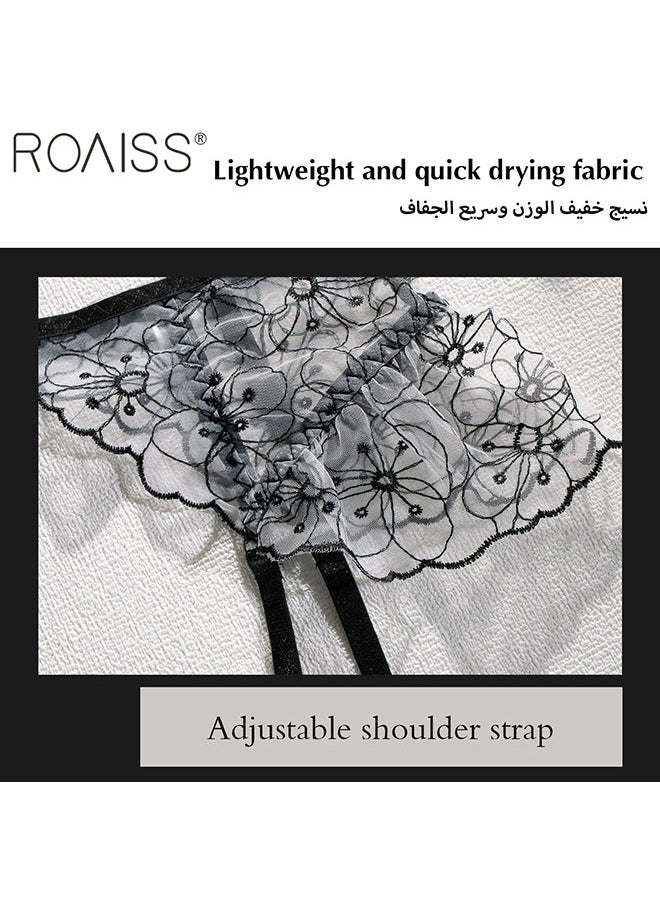 roaiss 3-Piece Women'S Embroidered Underwear No Chest Pad Can Adjust The Steel Rim Bra With The Shoulder Strap High -Waist Thong Can Adjust The Waist Seal Hanging Garter  - Image 3