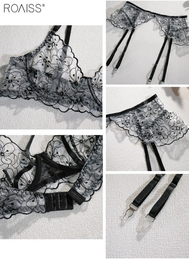 roaiss 3-Piece Women'S Embroidered Underwear No Chest Pad Can Adjust The Steel Rim Bra With The Shoulder Strap High -Waist Thong Can Adjust The Waist Seal Hanging Garter  - Image 4