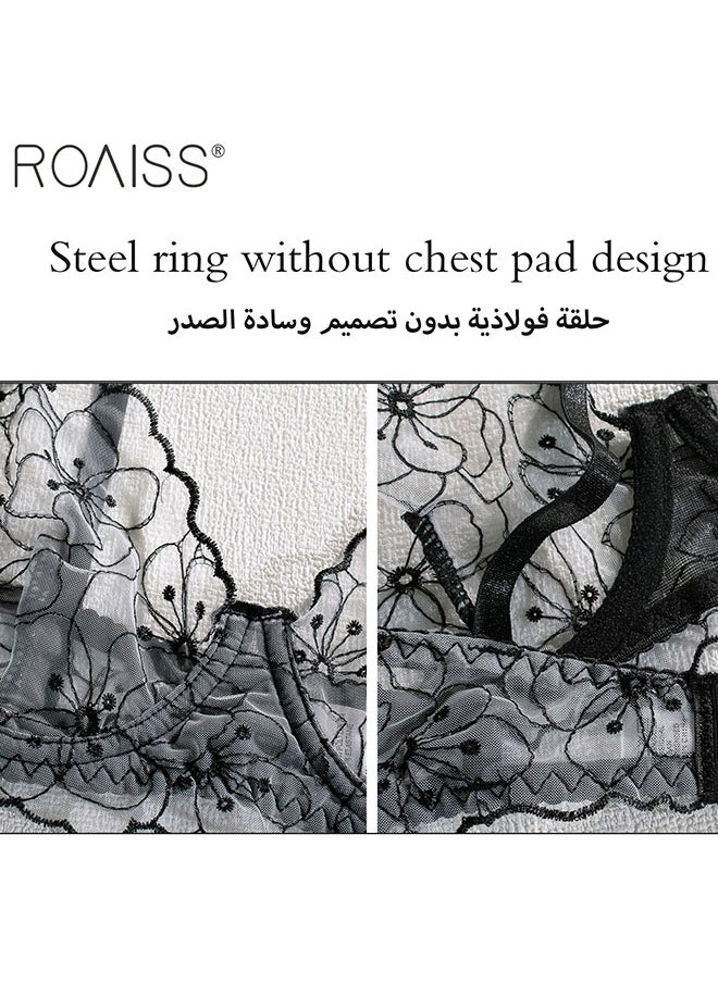 roaiss 3-Piece Women'S Embroidered Underwear No Chest Pad Can Adjust The Steel Rim Bra With The Shoulder Strap High -Waist Thong Can Adjust The Waist Seal Hanging Garter  - Image 2