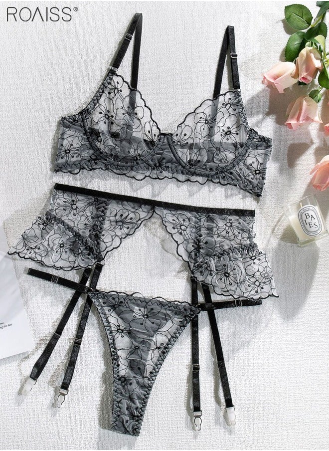 roaiss 3-Piece Women'S Embroidered Underwear No Chest Pad Can Adjust The Steel Rim Bra With The Shoulder Strap High -Waist Thong Can Adjust The Waist Seal Hanging Garter  - Image 1
