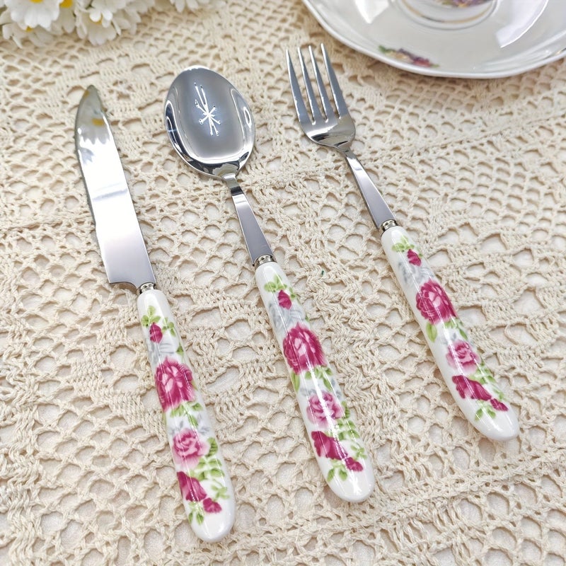 6 Piece Pink Flower Pattern Ceramic Handle Silver Table Knife Fork And Spoon Set Vintage Creative Kitchen Tools For Vacation Parties Families - Image 1