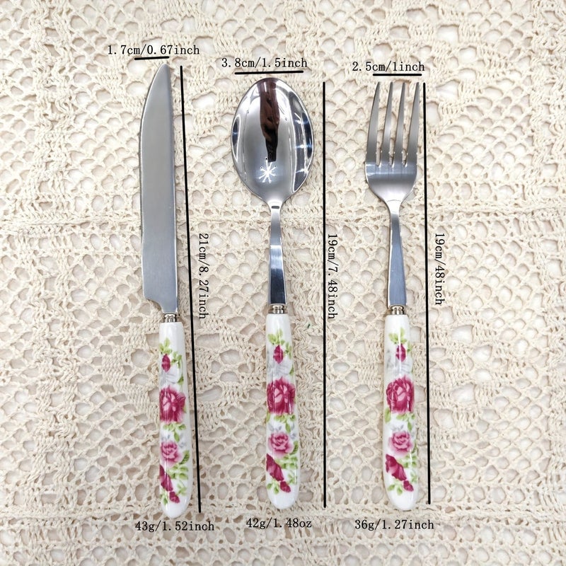 6 Piece Pink Flower Pattern Ceramic Handle Silver Table Knife Fork And Spoon Set Vintage Creative Kitchen Tools For Vacation Parties Families - Image 3