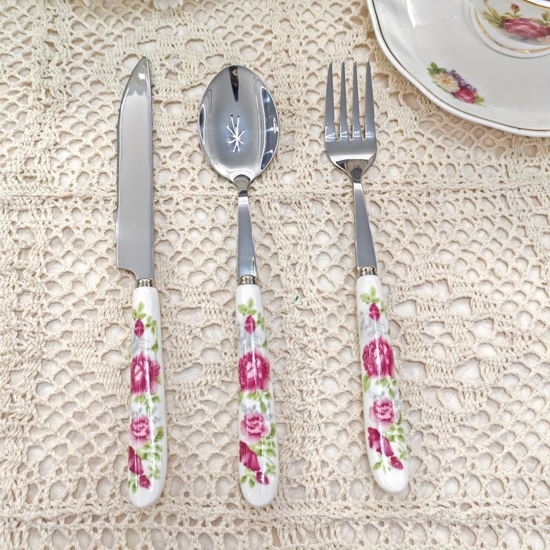 6 Piece Pink Flower Pattern Ceramic Handle Silver Table Knife Fork And Spoon Set Vintage Creative Kitchen Tools For Vacation Parties Families - Image 4