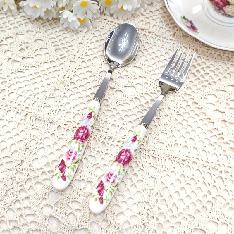 6 Piece Pink Flower Pattern Ceramic Handle Silver Table Knife Fork And Spoon Set Vintage Creative Kitchen Tools For Vacation Parties Families - Image 5