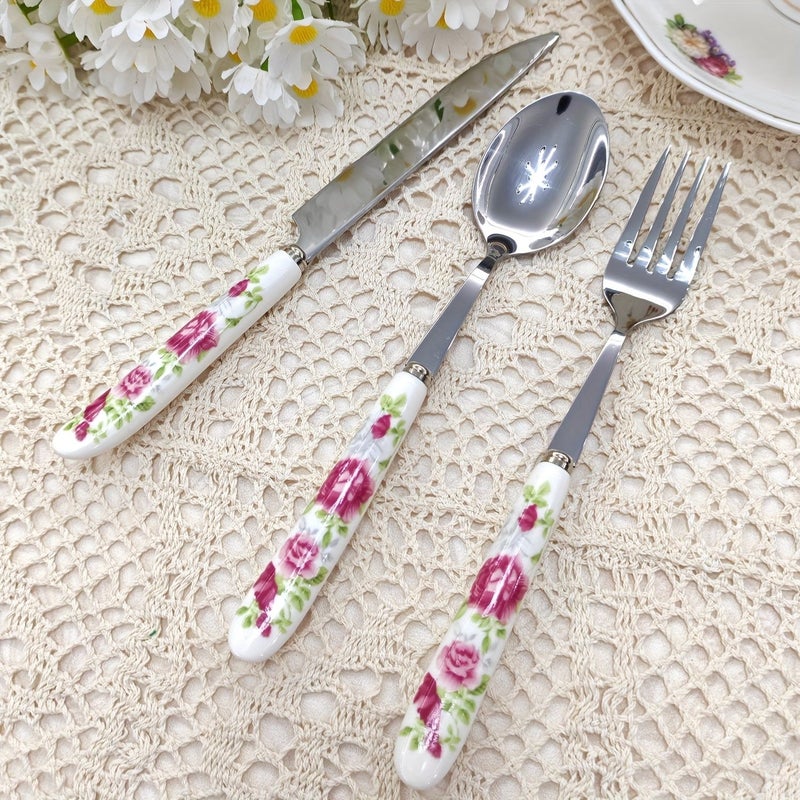 6 Piece Pink Flower Pattern Ceramic Handle Silver Table Knife Fork And Spoon Set Vintage Creative Kitchen Tools For Vacation Parties Families - Image 2