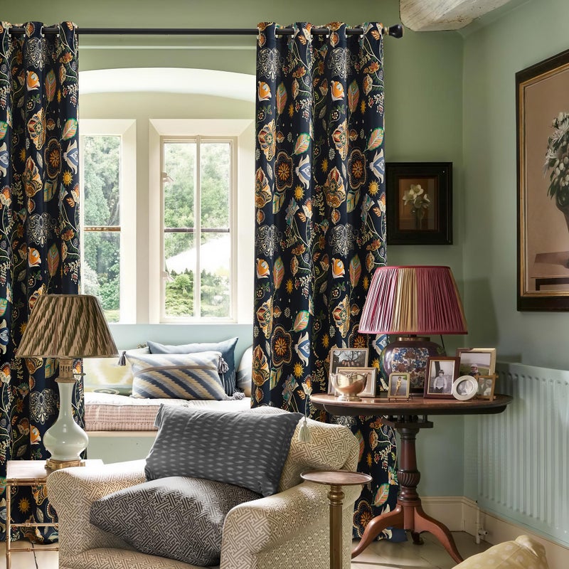 XiDi Elegant Luxury Black Out Curtains 96 Inch Long 2 Panel Set for Living Room 100% Blackout Navy Blue Floral Vintage Mid Century Print Patterned 8FT Length Foor to Ceiling Curtains Grommet Drapes 52x96 - Image 1