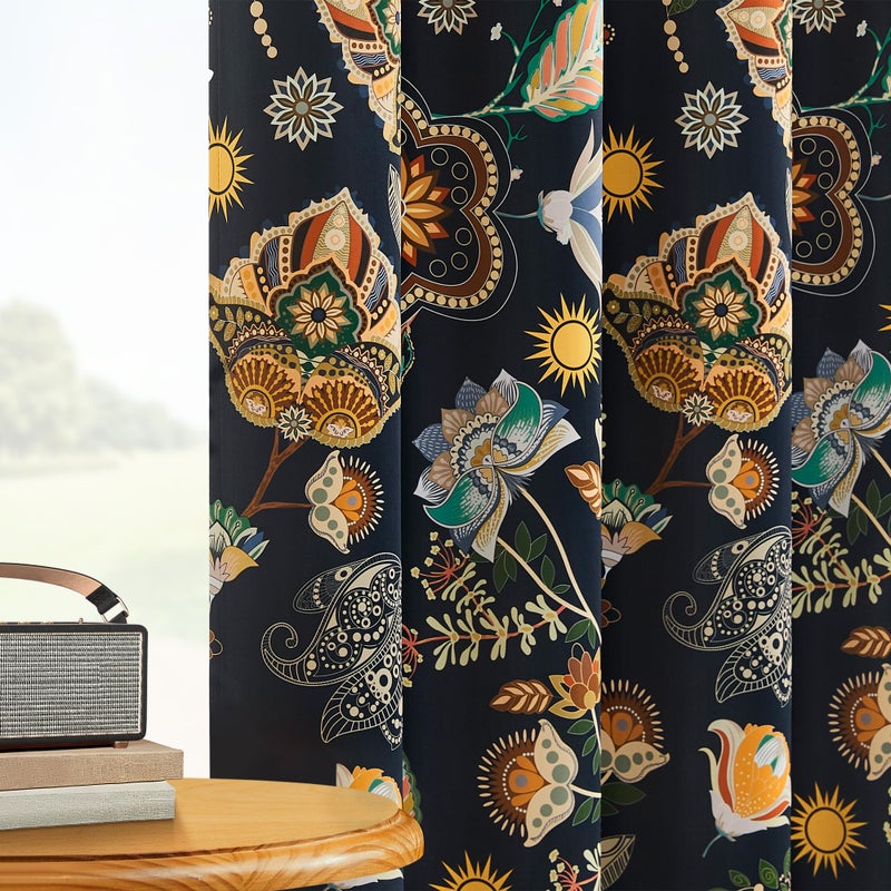 XiDi Elegant Luxury Black Out Curtains 96 Inch Long 2 Panel Set for Living Room 100% Blackout Navy Blue Floral Vintage Mid Century Print Patterned 8FT Length Foor to Ceiling Curtains Grommet Drapes 52x96 - Image 3