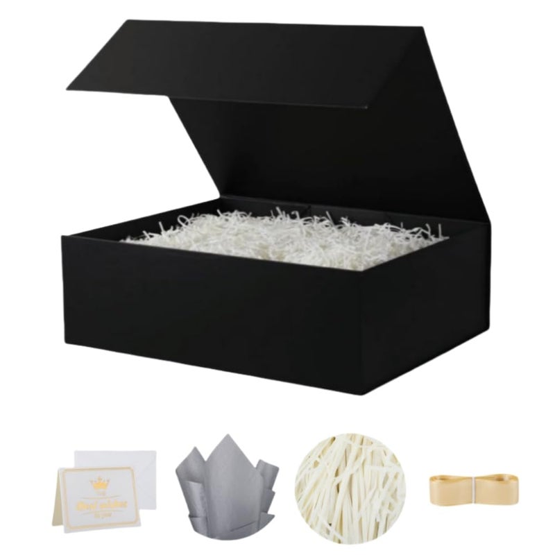 UoeRing 1 Pcs Black Gift Box 11.5x8x4 inch Luxury Gift Box for Presents with Magnetic Lid Collapsible,Birthday,Christmas,Contains Card, Ribbon, Tissue Paper,Shredded Paper Fille - Image 1