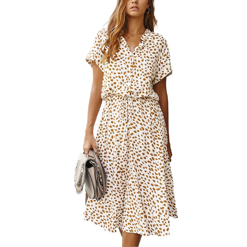 BROVAVE Women's Summer Polka Dot Print Shirt Dress Vintage Short Sleeve Button Down Midi Dress(White, M) - Image 1