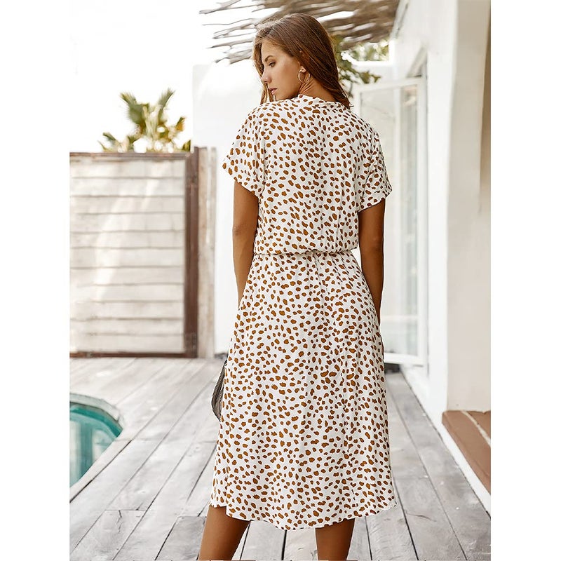 BROVAVE Women's Summer Polka Dot Print Shirt Dress Vintage Short Sleeve Button Down Midi Dress(White, M) - Image 3