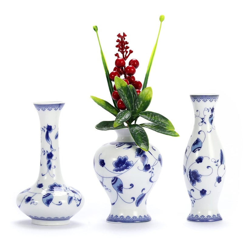 LoveCat Chinese Ceramic Vase Set  Small Blue and White Porcelain Vases Fambe Glaze Porcelain Vases Set of 3 Classic Ceramic Flower Vases for Home TableBookshelf Cupboard Dcor
