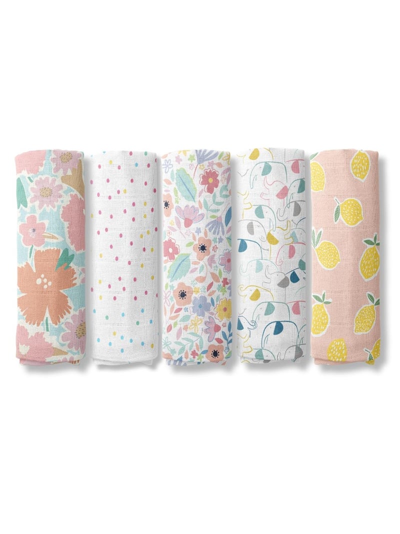 haus kinder Eleflora Collection 100 Cotton Muslin Baby Swaddles Wrap for Newborn Baby Size 100cm x 100cm Pack of 5 Ditsy Bloom FloralDots Elephant Pineapple Multicolor