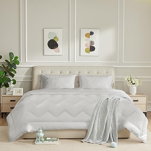 HOMTEC Queen Size Duvet Insert - All Season 100% Cotton Shell Comforter - Quilted Fluffy Down Alternative Duvet Insert - Light Gray - Soft Breathable & Lightweight with 4 Corner Tabs - Image 1