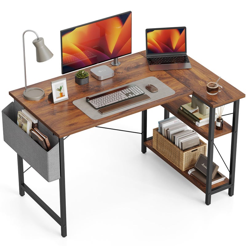 Banti BANTI L Shaped Small Computer Desk with Storage Shelves 40 Home Office Small Corner Desk Study Writing Table Deep Brown 