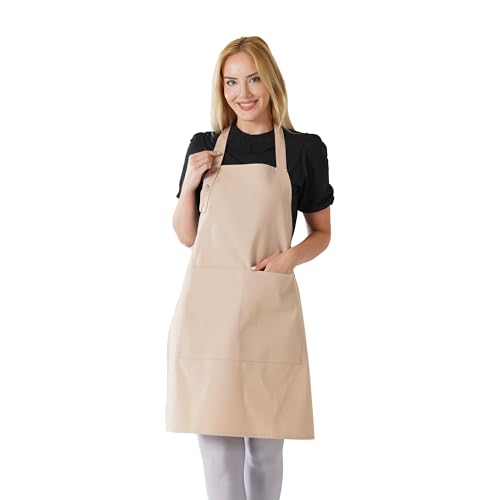TOSHE Kitchen Apron Waterdrop Resistant Cotton Apron with adjustable Aprons for Women with Pockets 10 Color option Cooking Beige Apron(Beige) - Image 1