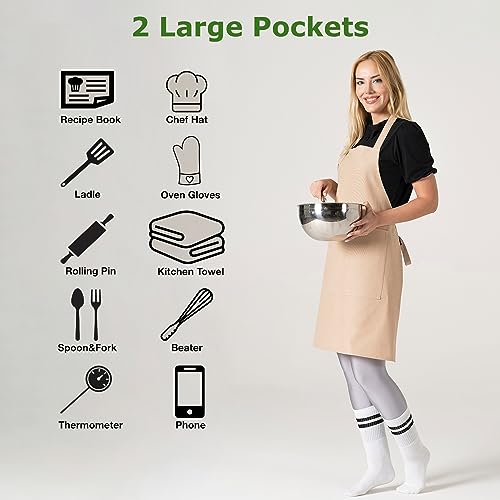 TOSHE Kitchen Apron Waterdrop Resistant Cotton Apron with adjustable Aprons for Women with Pockets 10 Color option Cooking Beige Apron(Beige) - Image 2