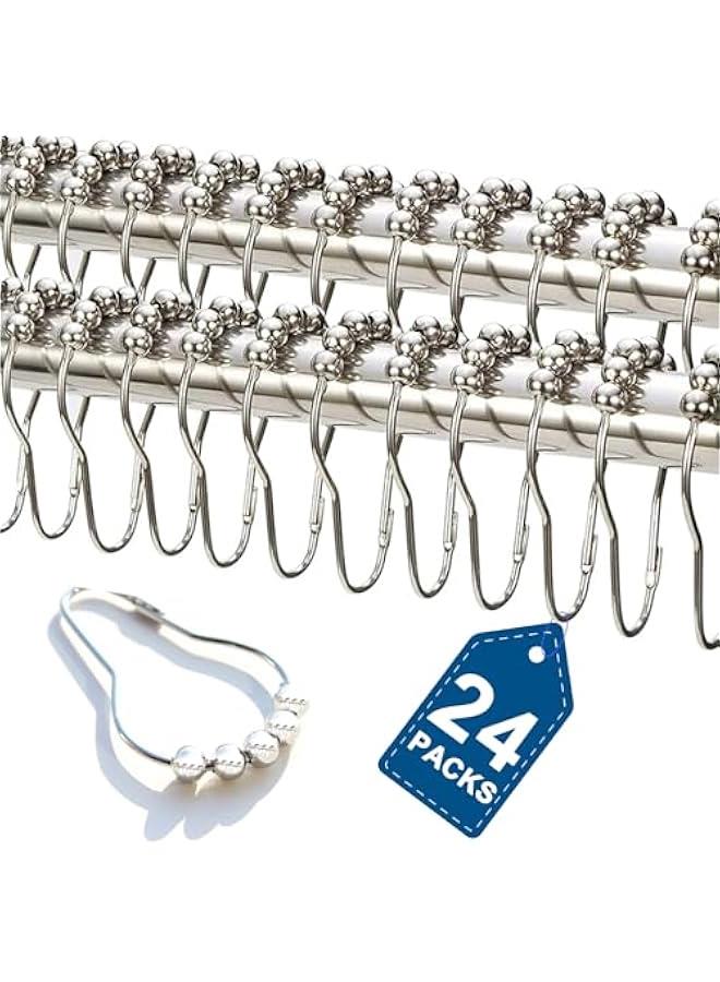 24PCS Stainless Steel Shower Curtain Hooks Rust Proof, Shower Curtain Rings Polished Nickel, Heavy Curtain Rod Rings for Bathroom, Durable Bathroom Decor Hooks Chrome Silver  - Image 1