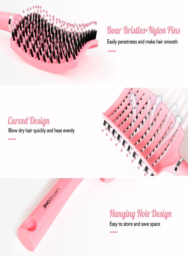 URTHEONE Hair Brush,Detangling Hairbrush Boar Bristle Hair Brushes for Women Men Kids Curly Thick Long Short Wet or Dry Hair, Curved Vented Detangler Brush for Faster Blow Drying (Pink) - Image 2
