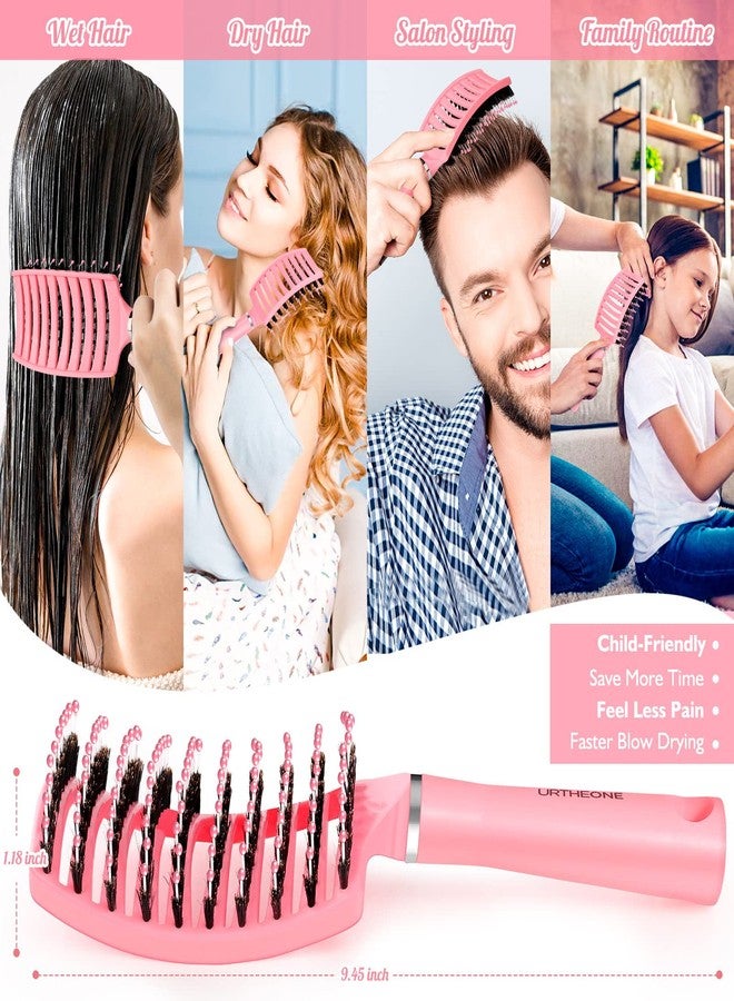 URTHEONE Hair Brush,Detangling Hairbrush Boar Bristle Hair Brushes for Women Men Kids Curly Thick Long Short Wet or Dry Hair, Curved Vented Detangler Brush for Faster Blow Drying (Pink) - Image 4
