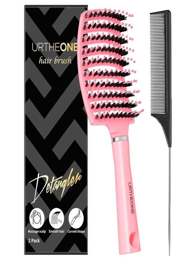 URTHEONE Hair Brush,Detangling Hairbrush Boar Bristle Hair Brushes for Women Men Kids Curly Thick Long Short Wet or Dry Hair, Curved Vented Detangler Brush for Faster Blow Drying (Pink) - Image 1