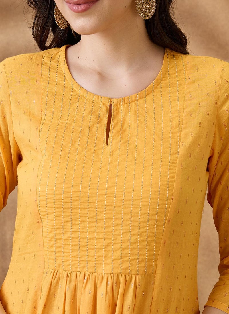 Globus Women's Yellow Zari Embroidered A-Line Kurta Set with Keyhole Neck - Image 5