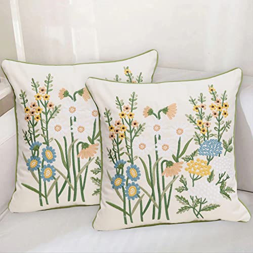 Pilmandu Set of 2 Embroidered Decorative Throw Pillow Covers Couch Square Pillowcases Cushion for Bedroom Sofa Farmhouse Decor 18x18 Inch Yellow Daisy - Image 3