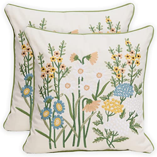 Pilmandu Set of 2 Embroidered Decorative Throw Pillow Covers Couch Square Pillowcases Cushion for Bedroom Sofa Farmhouse Decor 18x18 Inch Yellow Daisy - Image 1