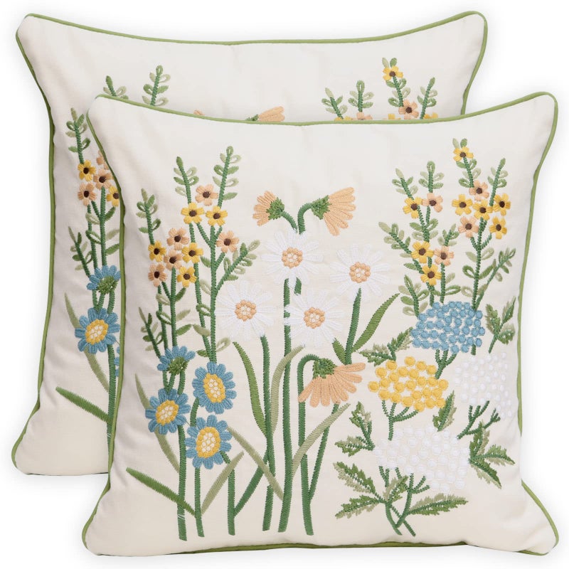 Pilmandu Set of 2 Embroidered Decorative Throw Pillow Covers Couch Square Pillowcases Cushion for Bedroom Sofa Farmhouse Decor 18x18 Inch Yellow Daisy - Image 2