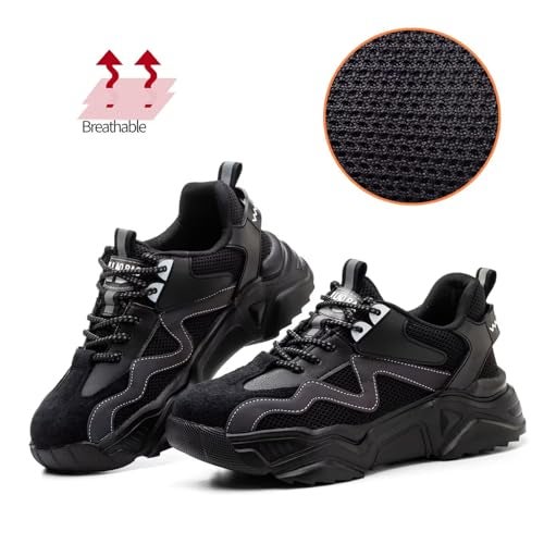 Ruivina Steel Toe Shoes for Women Safety Shoes Wide fit Indestructible Work Sneakers Men Lightweight Slip on Resistant Breathable Puncture Proof Composite Toe Shoe Black 41 - Image 5
