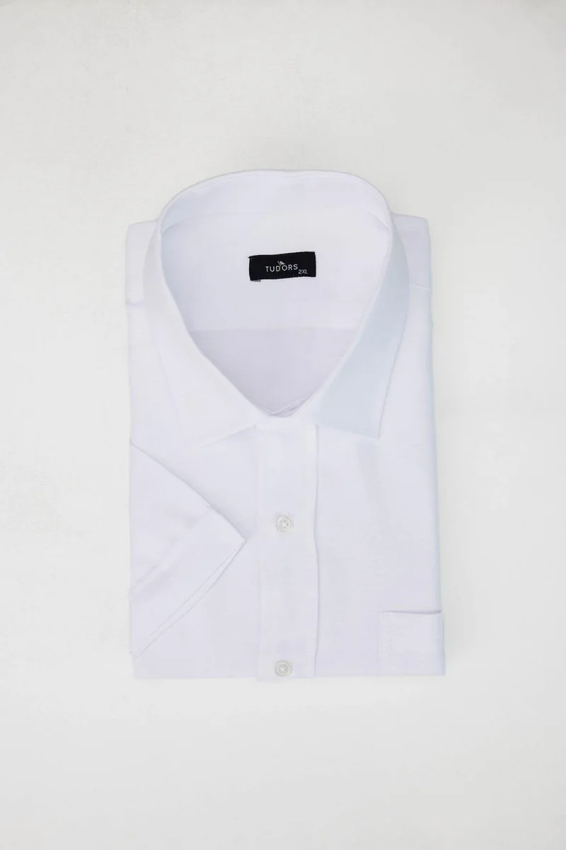 Tudors Large Size Short Sleeve Tie Holder Dobby Single Pocket Plain White Men's Shirt