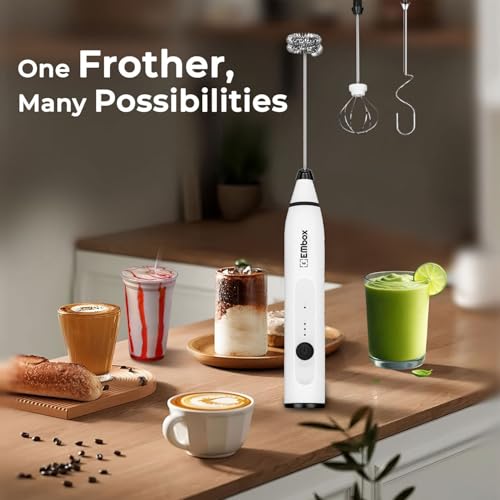 EMBOX Coffee Frother Electric | Coffee Maker | Double Spring Kit with Type-C Rechargeable Cord | Milk frother for Cappuccino Cream and Egg Whisker | Electric Blender Mixer (3 Whisk, White) - Image 4